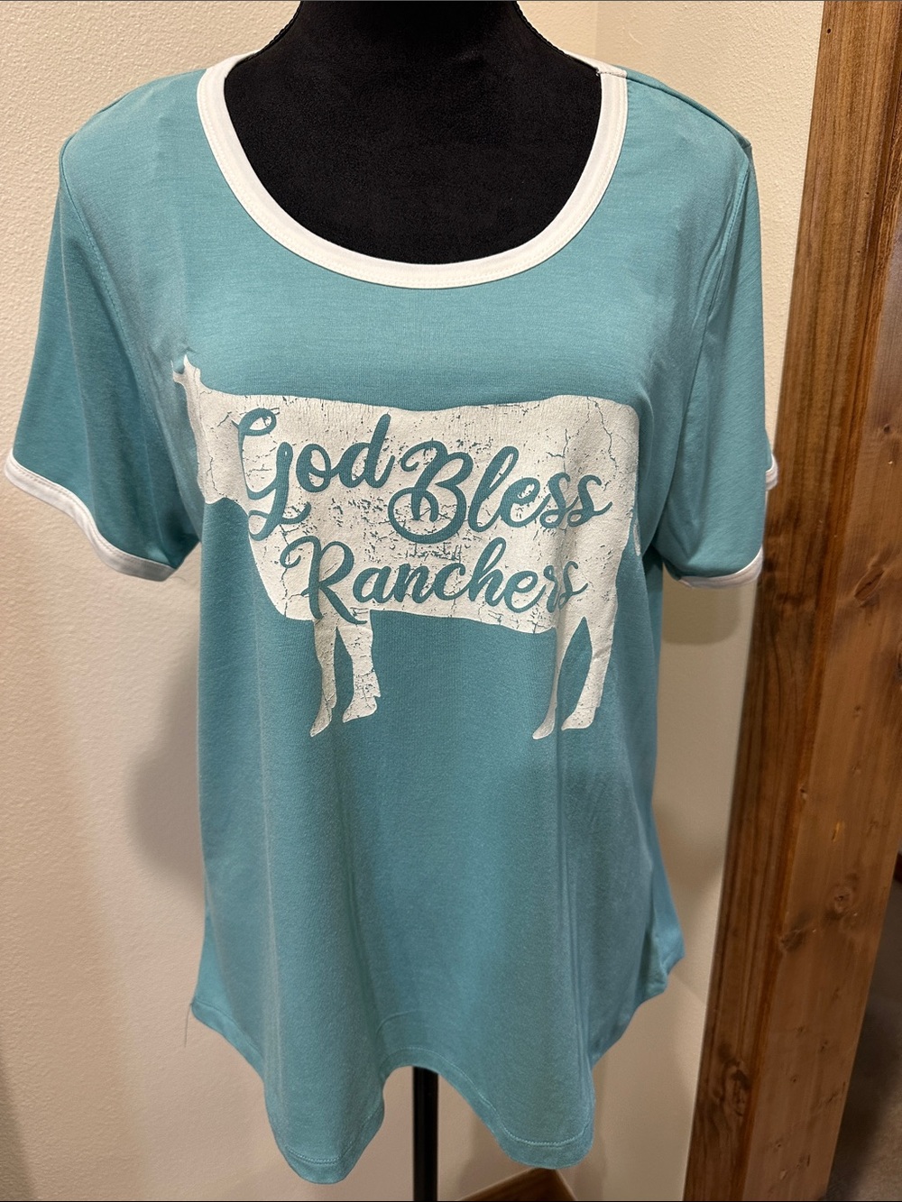 'God Bless Ranchers' Aqua Graphic Tee with White Trim